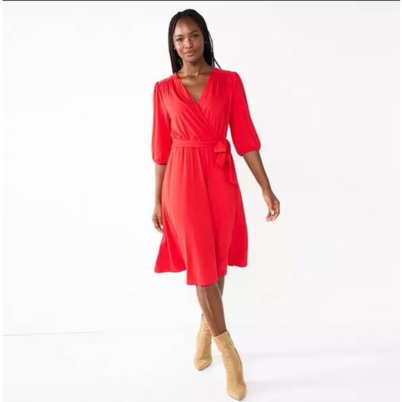 Draper James Dresses & Skirts - Draper James RSVP 3/4 Sleeve Red Wrap Midi Dress Size L Feminine NWT